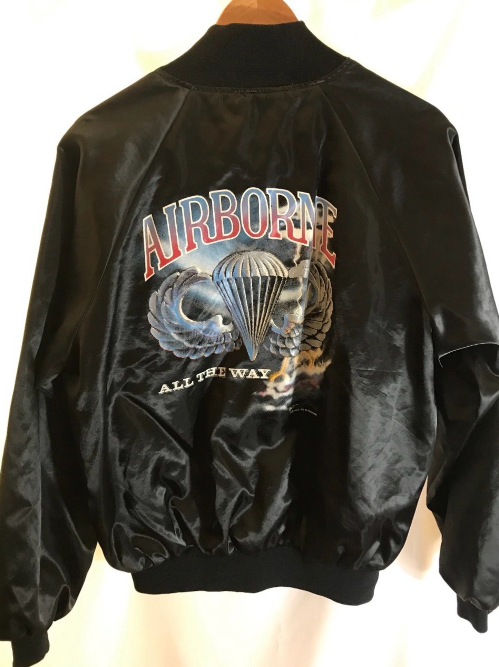 Vintage 1988 Black Satin “Airborne” Parachute Graphic Bomber Jacket L/XL